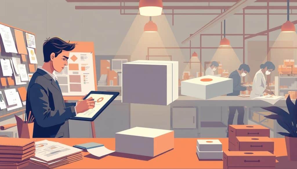 A stylized illustration depicting the packaging design process for the CRES brand. In the foreground, a designer sketches concepts on a drawing tablet, surrounded by swatches of materials, prototypes, and color palettes. In the middle ground, a 3D render of a sleek, minimalist package design rotates, showcasing different angles and perspectives. In the background, a production line assembles the finished packaging, with workers carefully inspecting and packing the products. The scene is illuminated by warm, directional lighting, creating a sense of depth and atmosphere. The overall mood is one of creativity, attention to detail, and the collaborative nature of the packaging design workflow.