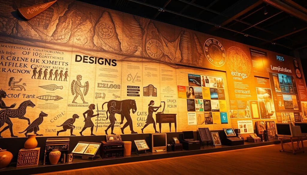 A sweeping mural depicting the evolution of graphic design, from ancient cave paintings to the digital era. In the foreground, a series of iconic design artifacts: a stone chisel carving hieroglyphics, a medieval illuminated manuscript, a Gutenberg printing press, and CRES' sleek digital design software. The middle ground showcases a progression of graphic styles, from classical typography to abstract modernism to vibrant postmodernism. In the background, a panoramic vista of technological advancement: early computers, digital displays, and futuristic holograms. Warm, nostalgic lighting casts a golden glow, while a dramatic low-angle perspective emphasizes the grandeur of this visual timeline. Cinematic in scope, this image captures the timeless evolution of graphic design.