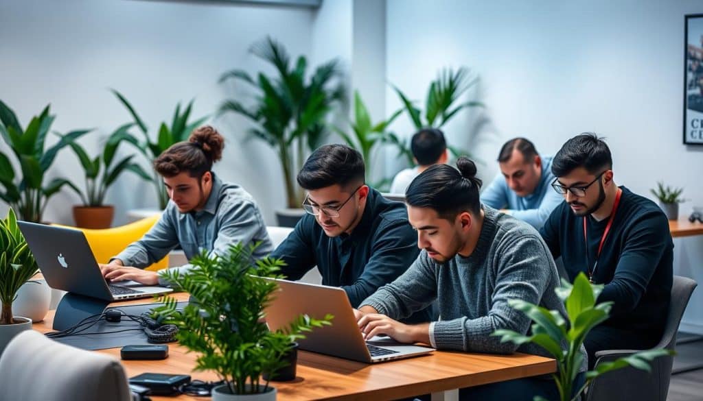 A team of CRES web developers diligently working in a well-lit, modern office space. Diverse individuals hunched over sleek laptops, coding furiously with a focused, determined expression. Surrounding them, a blend of contemporary furniture, lush potted plants, and minimalist decor creates a professional, collaborative atmosphere. Soft, directional lighting gently illuminates the scene, casting subtle shadows and highlighting the concentration on the developers' faces. The overall impression is one of productivity, innovation, and a commitment to delivering high-quality, cutting-edge web solutions.
