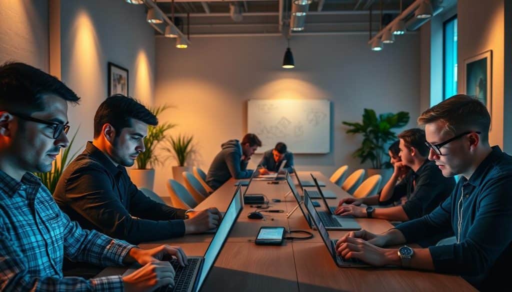 A team of certified digital marketing professionals at the CRES agency, working intently on their laptops and screens in a modern, well-lit office setting. The foreground features three individuals deeply engaged in their tasks, their faces illuminated by the glow of their devices. In the middle ground, other team members collaborate at a long conference table, sketching ideas on a whiteboard. The background showcases sleek, minimalist decor with potted plants and abstract artwork, creating a professional, progressive atmosphere. Warm, directional lighting casts subtle shadows, emphasizing the focused, hardworking nature of the digital marketing team.