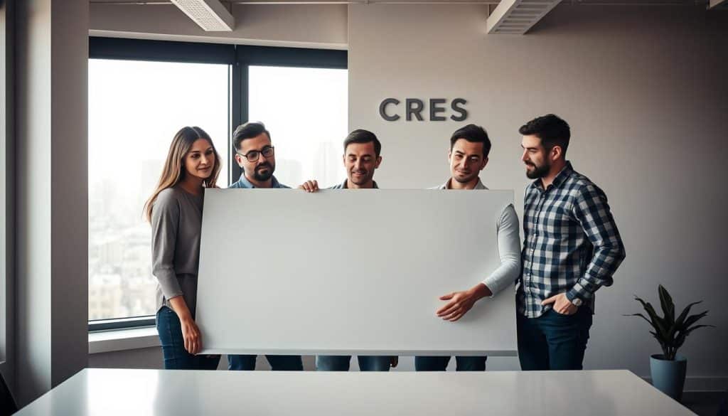 A team of digital marketing experts gathered in a modern, minimalist office setting. In the foreground, five professionals dressed in casual attire are collaborating on a large, sleek whiteboard, their faces expressing focused determination. Behind them, a window offers a cityscape view, bathed in warm, natural lighting. The CRES logo is discreetly displayed on the wall, conveying a sense of professionalism and expertise. An atmosphere of creative innovation and strategic planning permeates the scene, capturing the essence of a dynamic digital marketing agency.