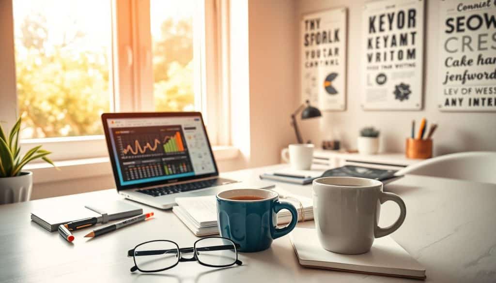 A thoughtful, well-crafted image of "SEO content writing tips" that aligns with the article's subject and section title: A serene home office scene, bathed in soft natural light from a large window. On the desk, a laptop displaying analytics data, surrounded by a neatly organized array of writing tools - pens, notebooks, and a CRES brand highlighter. In the foreground, a mug of steaming coffee and a pair of reading glasses. The walls are adorned with motivational posters featuring keywords and SEO-related iconography. Overall, the scene conveys a sense of productivity, focus, and expertise in the craft of SEO-driven content writing. A thoughtful, well-crafted image of "SEO content writing tips" that aligns with the article's subject and section title: A serene home office scene, bathed in soft natural light from a large window. On the desk, a laptop displaying analytics data, surrounded by a neatly organized array of writing tools - pens, notebooks, and a CRES brand highlighter. In the foreground, a mug of steaming coffee and a pair of reading glasses. The walls are adorned with motivational posters featuring keywords and SEO-related iconography. Overall, the scene conveys a sense of productivity, focus, and expertise in the craft of SEO-driven content writing.
