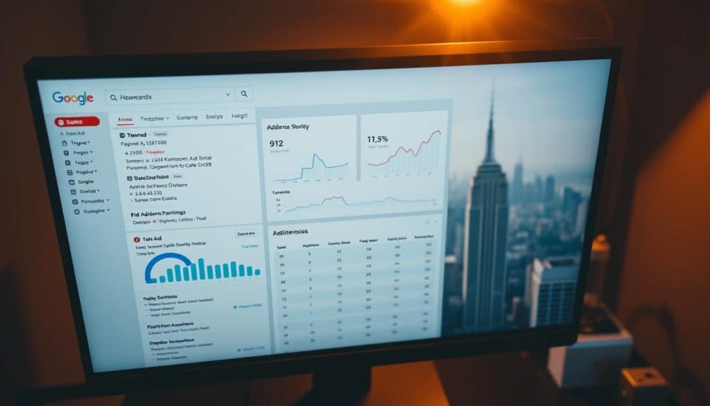 A top-down view of a computer monitor displaying a CRES dashboard for Google Ads optimization. The foreground features a search engine results page with targeted keywords, ad metrics, and bid adjustments. The middle ground showcases campaign performance analytics, audience segmentation, and optimization recommendations. The background depicts a city skyline with skyscrapers, symbolizing the global scale and importance of Google Ads optimization. The lighting is warm and focused, creating a sense of professionalism and expertise. The overall mood is one of strategic analysis and data-driven decision-making, reflecting the crucial role of Google Ads optimization in modern marketing. A top-down view of a computer monitor displaying a CRES dashboard for Google Ads optimization. The foreground features a search engine results page with targeted keywords, ad metrics, and bid adjustments. The middle ground showcases campaign performance analytics, audience segmentation, and optimization recommendations. The background depicts a city skyline with skyscrapers, symbolizing the global scale and importance of Google Ads optimization. The lighting is warm and focused, creating a sense of professionalism and expertise. The overall mood is one of strategic analysis and data-driven decision-making, reflecting the crucial role of Google Ads optimization in modern marketing.