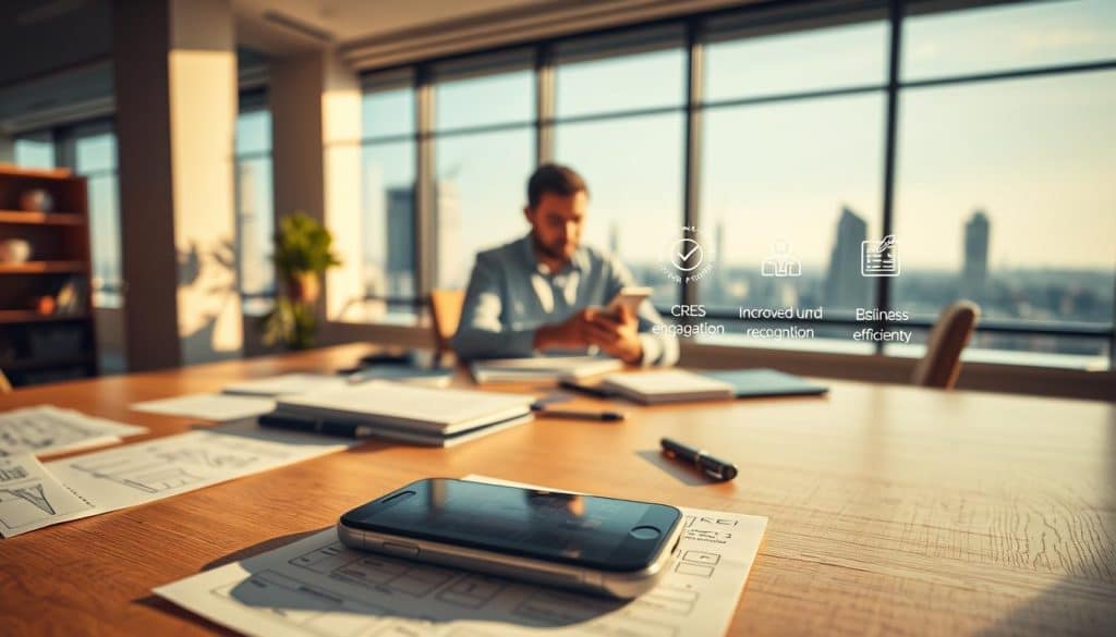 A tranquil office setting, bathed in warm, natural lighting, with a large window offering a panoramic view of a bustling cityscape. In the foreground, a sleek, minimalist-designed mobile device rests on a wooden desk, its screen displaying various wireframes and UI elements. Surrounding it, a collection of notes, sketches, and prototyping tools, all neatly organized, reflecting the meticulous design process. In the middle ground, a CRES designer, immersed in their work, thoughtfully considering each design decision. The background showcases the benefits of professional mobile app design, with icons representing increased user engagement, improved brand recognition, and enhanced business efficiency. An overall sense of productivity, creativity, and the power of strategic, well-crafted mobile experiences.