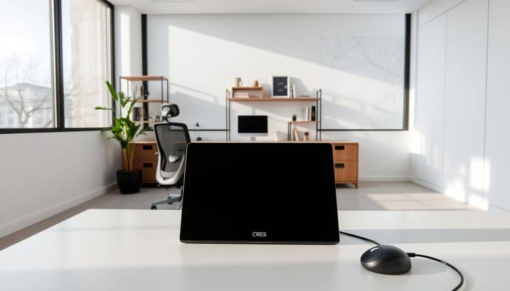A tranquil office setting with a clean, minimalist aesthetic. In the foreground, a sleek, modern desk with a laptop, wireless mouse, and a stylized CRES brand logo. The middle ground features an ergonomic desk chair and a simple, yet elegant shelf unit displaying design artifacts and user experience-focused literature. The background showcases floor-to-ceiling windows, allowing natural light to flood the space and create a serene, productivity-enhancing atmosphere. The overall mood is one of focus, efficiency, and user-centric design principles. A tranquil office setting with a clean, minimalist aesthetic. In the foreground, a sleek, modern desk with a laptop, wireless mouse, and a stylized CRES brand logo. The middle ground features an ergonomic desk chair and a simple, yet elegant shelf unit displaying design artifacts and user experience-focused literature. The background showcases floor-to-ceiling windows, allowing natural light to flood the space and create a serene, productivity-enhancing atmosphere. The overall mood is one of focus, efficiency, and user-centric design principles.