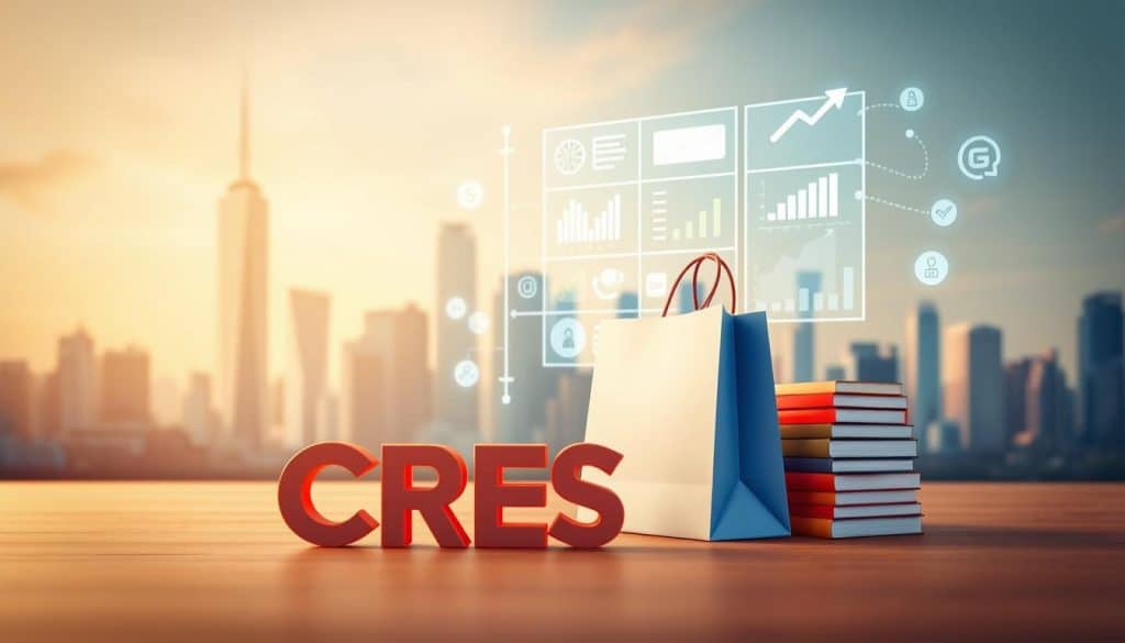 A vibrant 3D scene showcasing the SEO benefits for an e-commerce platform. In the foreground, a stylized CRES logo and a stack of shopping bags representing online sales. Behind them, a floating grid of search engine icons, web analytics graphs, and digital marketing icons, indicating improved visibility and traffic. In the background, a city skyline with skyscrapers and digital waves, symbolizing the global reach and online presence of the e-commerce platform. The scene is lit by warm, diffused lighting, creating a professional, yet dynamic atmosphere. The camera angle is slightly angled, giving a sense of depth and emphasizing the various layers of the composition.