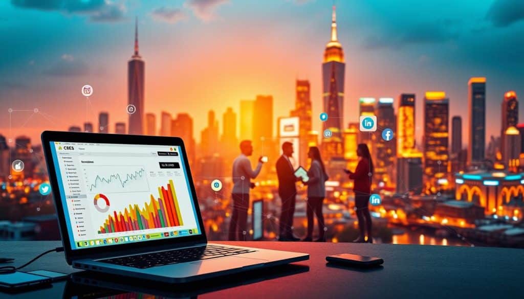 A vibrant CRES digital marketing landscape. In the foreground, a laptop with a colorful analytics dashboard, surrounded by an array of digital devices and platforms - smartphones, tablets, social media icons. The middle ground features a team of professionals collaborating on a digital strategy, their screens reflecting a myriad of digital marketing tactics. In the background, a city skyline with towering skyscrapers and a futuristic, tech-driven atmosphere. Warm lighting casts a glow over the scene, conveying a sense of innovation, connectivity, and the power of digital transformation. The overall mood is one of dynamism, progress, and the endless possibilities of CRES-driven digital marketing.