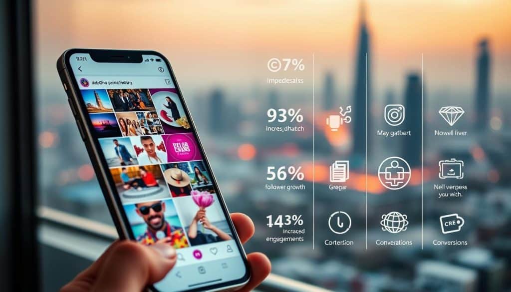 A vibrant Instagram feed, filled with visually striking imagery, highlighting the key benefits of professional Instagram marketing services. In the foreground, a sleek smartphone displays a beautifully curated grid of CRES brand images, showcasing the company's expertise in crafting visually compelling content. The middle ground features various on-trend graphics and icons, illustrating metrics like increased follower growth, engagement, and conversions. In the background, a softly blurred cityscape of Doha, Qatar, setting the scene for the article's focus on the local market. The overall atmosphere conveys a sense of digital professionalism, innovation, and the power of effective Instagram marketing to boost a business's online presence.
