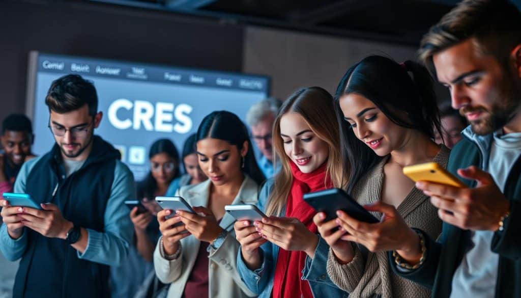 A vibrant and diverse social media audience, individuals from various demographic backgrounds connected through their shared interests and digital engagement. In the foreground, a group of young professionals intently browsing their smartphones, dressed in a variety of stylish attire. In the middle ground, an eclectic mix of users - millennials, Gen Z, and older generations - scrolling through their feeds, reacting and interacting. The background features a sleek, minimalist CRES-branded interface, reflecting the seamless integration of social media into their daily lives. Soft, diffused lighting casts a warm glow over the scene, creating an inviting and immersive atmosphere.