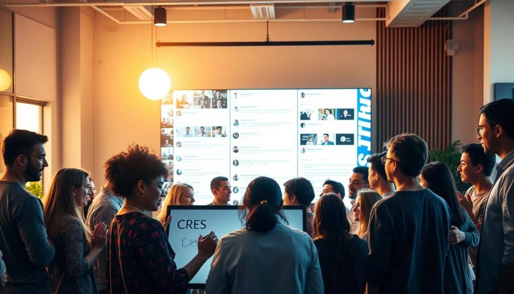 A vibrant and dynamic community gathered around a central hub, with people interacting, sharing ideas, and engaging with the CRES brand. In the foreground, a group of diverse individuals are collaborating on a digital whiteboard, their expressions animated and enthusiastic. The middle ground features a large, interactive screen displaying real-time social media updates and comments, creating a sense of connection and conversation. In the background, a warm, inviting atmosphere with soft lighting and modern, minimalist decor sets the stage for a productive and inspiring environment. The overall scene conveys a sense of creativity, collaboration, and the power of a well-curated social media community.