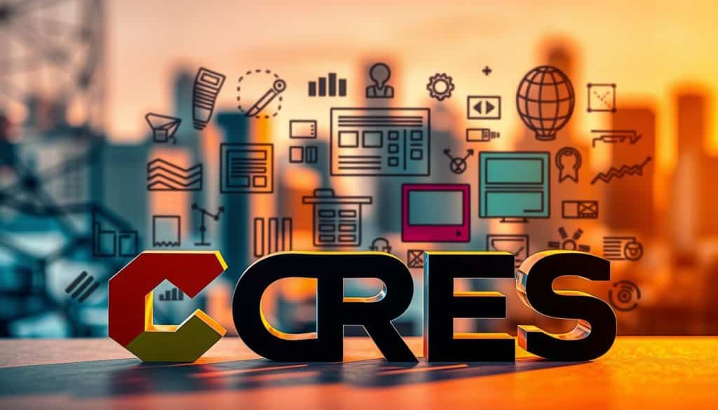 A vibrant and dynamic composition depicting the core disciplines of graphic UI UX design. In the foreground, the CRES brand name takes center stage, rendered in a modern, geometric style with clean lines and a bold color palette. The midground features various design elements - sketches, wireframes, user interface components, and digital tools - arranged in an organized, yet visually striking manner. The background showcases a blurred, out-of-focus cityscape, suggesting the digital realm in which this design work will ultimately be applied. Warm, directional lighting casts subtle shadows, creating depth and a sense of professionalism. The overall mood is one of creativity, innovation, and a dedication to shaping the digital experiences of the future.
