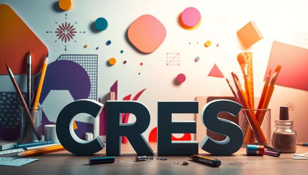 A vibrant and dynamic composition of essential graphic design elements. In the foreground, a bold, stylized CRES logotype stands out against a backdrop of geometric shapes, patterns, and color gradients. In the middle ground, various design tools and objects such as pencils, rulers, paint brushes, and color palettes create a sense of creativity and experimentation. The background features abstract shapes, textures, and light effects, generating a visually striking and immersive atmosphere. The overall scene is illuminated by soft, directional lighting, casting shadows and highlights that accentuate the depth and dimensionality of the composition. The mood is one of innovation, inspiration, and the joy of visual expression.