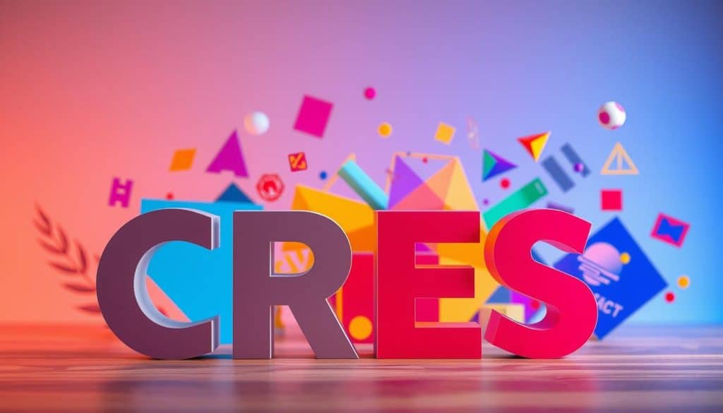 A vibrant and dynamic composition showcasing a variety of essential graphic design elements. In the foreground, a bold and eye-catching "CRES" logo sets the tone, its letters crafted with clean lines and geometric shapes. In the middle ground, a spectrum of vivid colors, geometric patterns, and abstract shapes dance across the frame, creating a sense of movement and energy. The background features a subtle yet captivating gradient, bathing the scene in a warm, ambient light. The overall layout is balanced and harmonious, with a keen attention to negative space and a cohesive visual language that captures the essence of graphic design fundamentals.