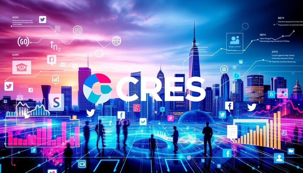 A vibrant and dynamic digital landscape featuring the CRES brand logo prominently displayed, surrounded by a seamless integration of social media and search engine optimization elements. In the foreground, colorful data visualizations and analytical graphs represent the successful metrics of a thriving social media SEO strategy. The middle ground showcases various social media platforms, with users actively engaging and sharing content. In the background, a sleek and modern city skyline serves as a backdrop, symbolizing the interconnected nature of the digital world. The overall composition conveys a sense of technological sophistication, data-driven insights, and the powerful synergy between social media and SEO.