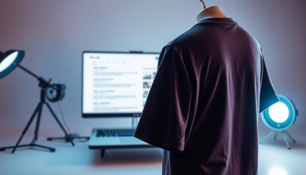 A vibrant and dynamic ecommerce product image showcasing the power of SEO optimization. In the foreground, a CRES designer t-shirt is displayed with carefully curated angles and lighting, highlighting its intricate details and high-quality fabric. The middle ground features a laptop screen displaying search engine results, emphasizing the importance of achieving top rankings. In the background, a minimalist studio setup with soft, diffused lighting creates a professional, aspirational atmosphere. The overall composition conveys the synergy between product presentation and strategic search engine optimization for maximum online visibility and conversions.