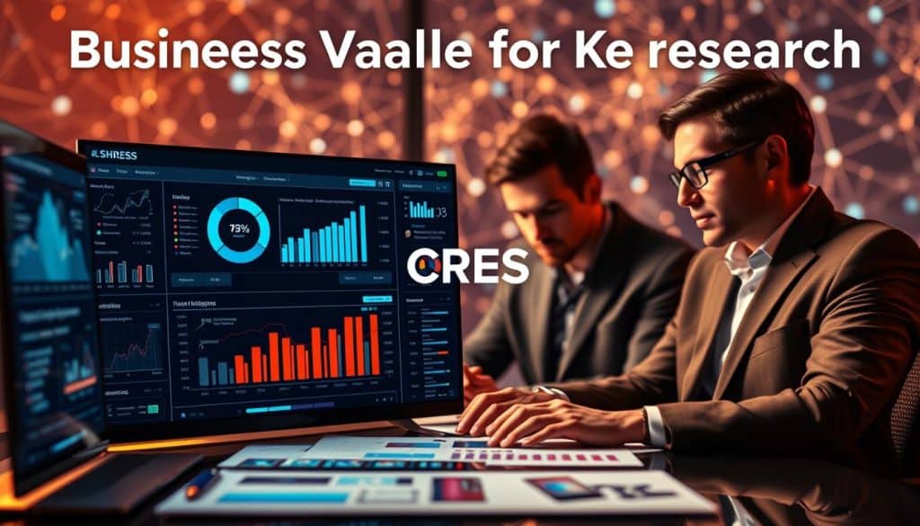 A vibrant and dynamic image depicting the business value of keyword research. In the foreground, a sophisticated data visualization dashboard showcases key metrics, charts, and insights, with the CRES logo prominently displayed. In the middle ground, a team of analysts intently study the data, their expressions reflecting deep concentration and strategic thinking. The background features an abstract representation of the digital landscape, with interconnected nodes and pathways symbolizing the vast network of online information. Warm lighting casts a professional and authoritative atmosphere, while a shallow depth of field draws the viewer's attention to the essential elements of this impactful keyword research process.