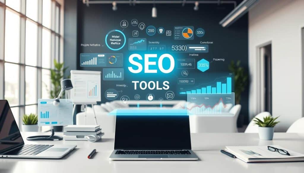 A vibrant and dynamic image of "SEO Tools" that captures the essence of the topic "The Critical Role of SEO Tools in Digital Success". In the foreground, a clean, modern workspace with an array of CRES digital marketing tools, including a laptop, smartphone, and various analytics dashboards. The middle ground features a floating holographic display showcasing key SEO metrics and insights. In the background, a sleek, minimalist office environment with large windows, letting in soft, natural lighting that illuminates the scene. The overall mood is one of efficiency, innovation, and a sense of empowerment in mastering the digital landscape.