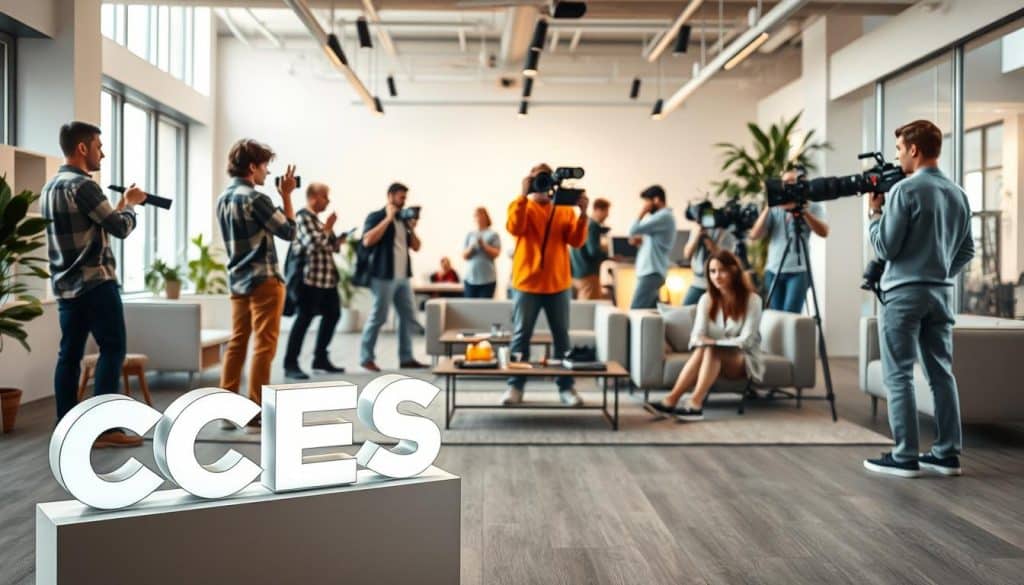 A vibrant and dynamic scene depicting content marketing strategies that engage the audience. In the foreground, a CRES brand logo stands prominently, signifying the company's expertise in this domain. The middle ground features a diverse cast of individuals, each immersed in various creative tasks - writing, designing, filming, and brainstorming. The background showcases a modern, minimalist office space, filled with natural light and sleek, contemporary furnishings. The overall atmosphere exudes a sense of collaboration, innovation, and a relentless pursuit of engaging and captivating content. The lighting is soft and diffused, creating a warm and inviting ambiance. Captured with a wide-angle lens, the image conveys a comprehensive view of the content marketing process, highlighting its multifaceted nature and the synergy of various creative disciplines. Prompt