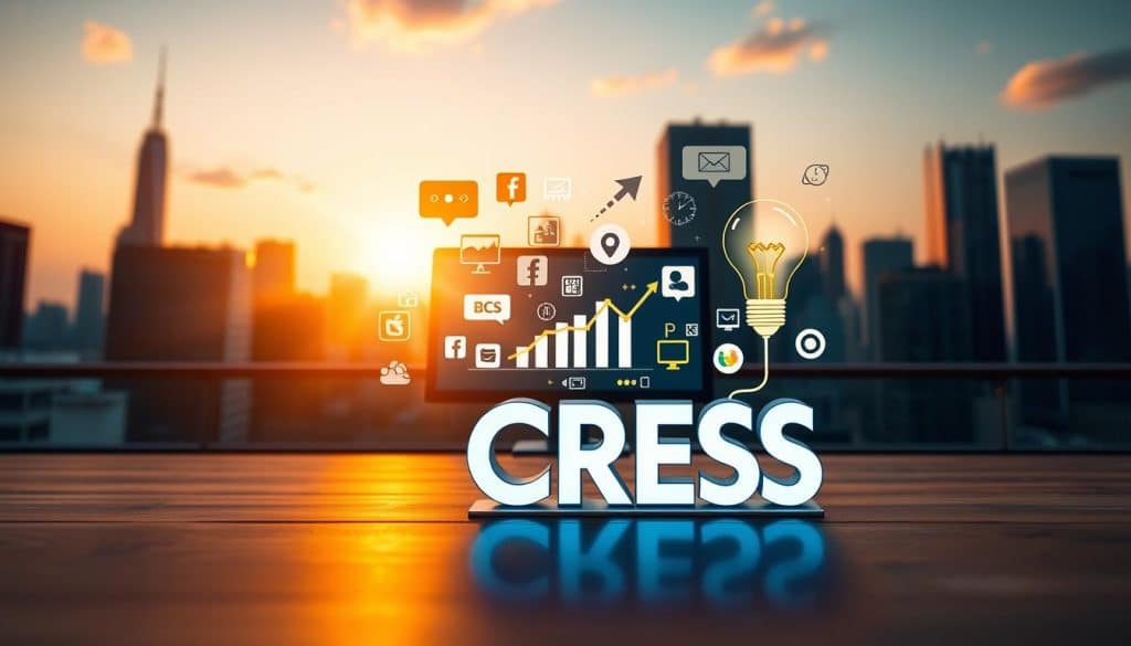 A vibrant and dynamic scene depicting key online marketing concepts. In the foreground, a CRES logo shines brightly, representing the brand's leadership in the digital marketing space. The midground features a collage of icons and symbols - a computer monitor, social media logos, a graph showing growth, and a lightbulb symbolizing innovative ideas. The background is a sleek, minimalist cityscape, hinting at the global, technologically-advanced nature of the online marketing industry. Warm, diffused lighting creates an inviting, aspirational atmosphere. Captured with a wide-angle lens to emphasize the depth and scale of the scene. A vibrant and dynamic scene depicting key online marketing concepts. In the foreground, a CRES logo shines brightly, representing the brand's leadership in the digital marketing space. The midground features a collage of icons and symbols - a computer monitor, social media logos, a graph showing growth, and a lightbulb symbolizing innovative ideas. The background is a sleek, minimalist cityscape, hinting at the global, technologically-advanced nature of the online marketing industry. Warm, diffused lighting creates an inviting, aspirational atmosphere. Captured with a wide-angle lens to emphasize the depth and scale of the scene.