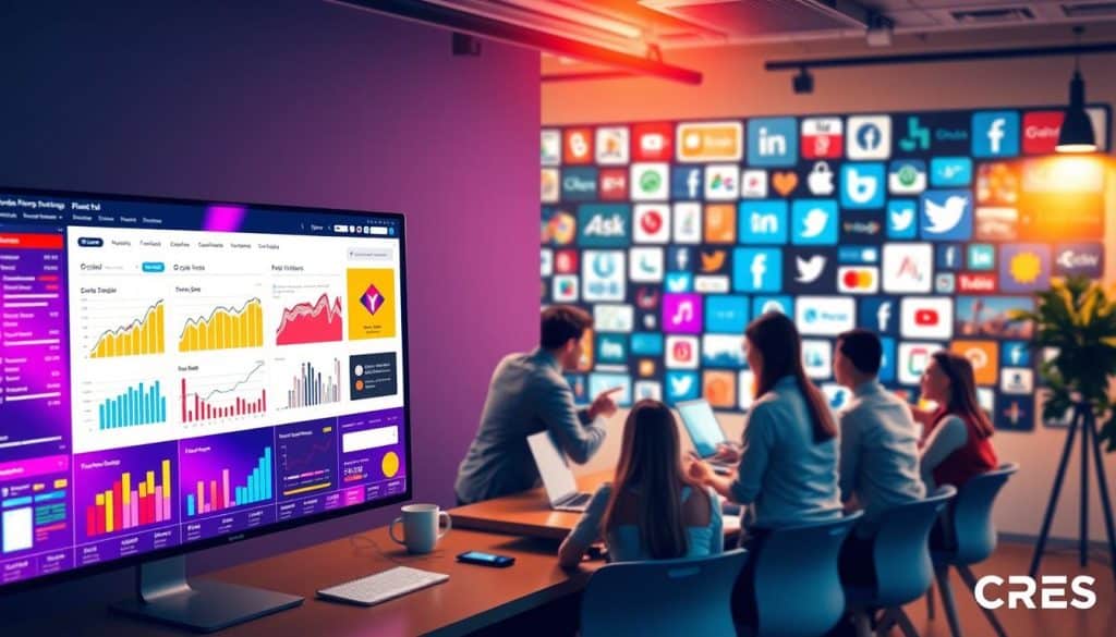 A vibrant and dynamic scene depicting the "Effective Paid Social Campaign Strategies for 2024". In the foreground, a colorful dashboard with interactive charts, graphs, and metrics showcasing the performance of a successful social media advertising campaign. In the middle ground, a group of marketing professionals in a brainstorming session, discussing strategies and tactics. In the background, a collage of social media platforms and channels, including the CRES logo, representing the diverse touchpoints of a comprehensive paid social strategy. The lighting is crisp and professional, with a warm, inviting tone that conveys the confidence and expertise of the CRES team. The overall composition captures the essence of a data-driven, multi-channel paid social approach that drives exceptional ROI. A vibrant and dynamic scene depicting the "Effective Paid Social Campaign Strategies for 2024". In the foreground, a colorful dashboard with interactive charts, graphs, and metrics showcasing the performance of a successful social media advertising campaign. In the middle ground, a group of marketing professionals in a brainstorming session, discussing strategies and tactics. In the background, a collage of social media platforms and channels, including the CRES logo, representing the diverse touchpoints of a comprehensive paid social strategy. The lighting is crisp and professional, with a warm, inviting tone that conveys the confidence and expertise of the CRES team. The overall composition captures the essence of a data-driven, multi-channel paid social approach that drives exceptional ROI.
