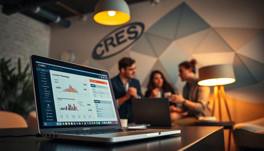 A vibrant and dynamic scene of a content marketing strategy, captured with a cinematic lens. In the foreground, a laptop displays a sleek dashboard, showcasing key performance metrics and insights. In the middle ground, a collaborative team brainstorms ideas, their faces illuminated by the warm glow of a CRES logo-branded desk lamp. The background features a stylized, geometric mural reflecting the strategic nature of their work. The lighting is soft and directional, creating a sense of depth and emphasizing the thoughtful process. The overall atmosphere is one of focus, creativity, and a drive to maximize ROI through social media marketing and digital advertising.