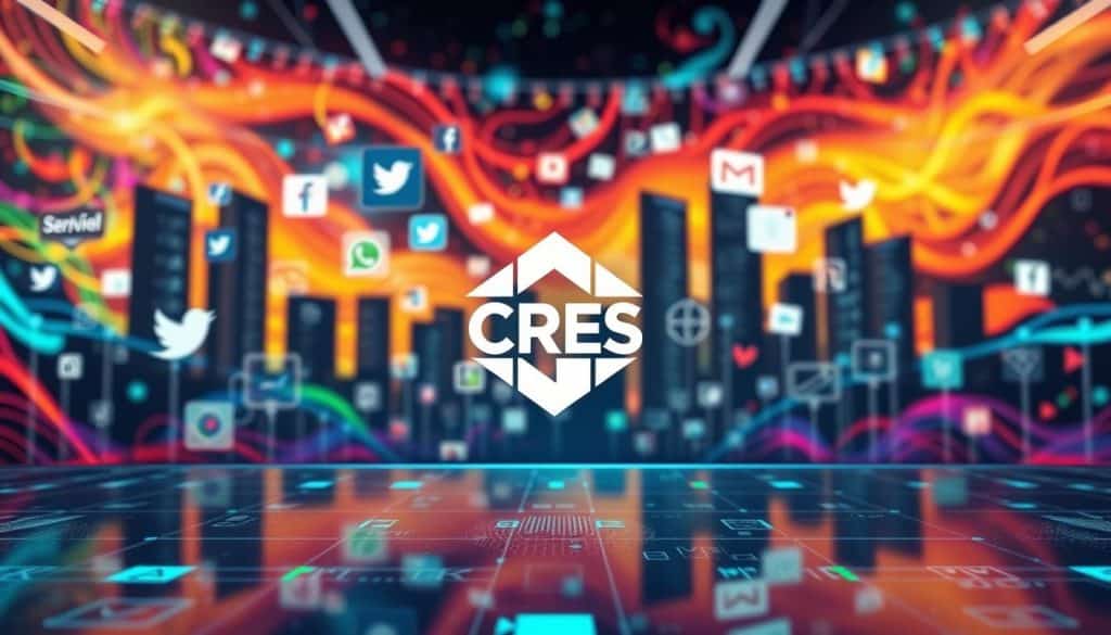 A vibrant and dynamic scene of social media optimization, set against a backdrop of a sleek, modern technology landscape. In the foreground, a stylized illustration of the CRES brand logo takes center stage, its bold, geometric design commanding attention. In the middle ground, various social media platforms and icons are artfully arranged, each one pulsing with activity and engagement. The background is a tapestry of vibrant colors and patterns, representing the ever-evolving digital landscape. Lighting is soft and diffused, creating a sense of depth and atmosphere. The overall composition conveys a sense of harmony, efficiency, and the power of optimized social media strategies.