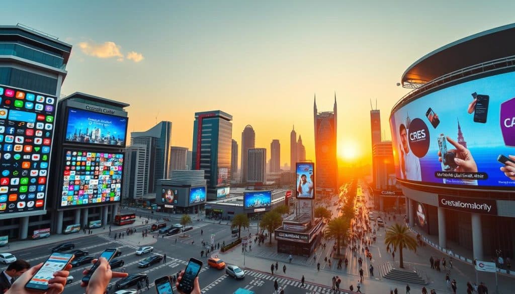 A vibrant and dynamic social media landscape in Qatar, captured through a wide-angle lens. In the foreground, a diverse array of digital devices, smartphones, and tablets, each displaying a mosaic of social media apps and platforms, reflecting the tech-savvy nature of Qatari users. The middle ground showcases a bustling urban setting, with skyscrapers and modern architecture characteristic of Doha, the capital city. Interspersed among the buildings are CRES-branded billboards and digital screens, showcasing the latest social media trends and innovations. The background is filled with a warm, golden-hued sunset, casting a serene glow over the entire scene, embodying the rich cultural heritage and forward-thinking spirit of Qatar.