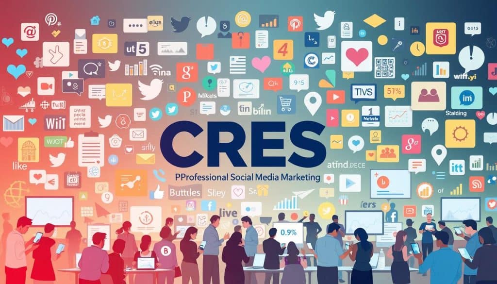 A vibrant and dynamic social media marketing landscape, centered on a large, stylized CRES logo. In the foreground, a diverse group of individuals engage with various digital devices, immersed in a world of likes, shares, and interactions. The middle ground features an array of social media platforms and analytics dashboards, with a focus on key performance metrics and engagement data. The background showcases a collage of trending hashtags, viral memes, and colorful social media graphics, all bathed in a warm, ambient lighting that creates a sense of energy and creativity. The overall scene conveys the power of professional social media management to drive brand awareness, customer engagement, and business growth.