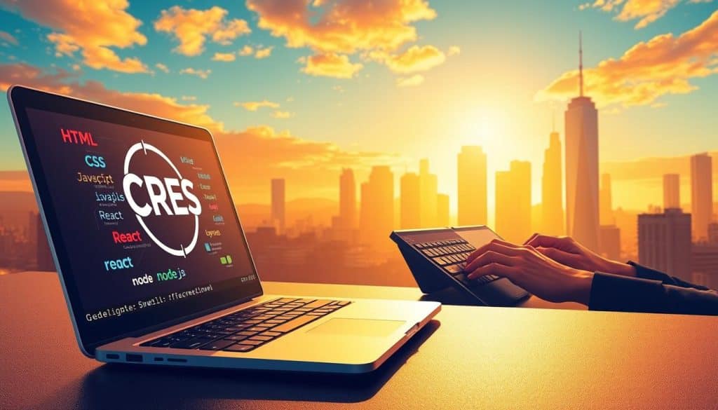 A vibrant and dynamic web development skills illustration. In the foreground, a elegant laptop displaying a CRES logo, its screen showcasing various coding languages and frameworks like HTML, CSS, JavaScript, React, and Node.js. In the middle ground, a trio of hands typing code on keyboards, their fingers a blur of motion. In the background, a stylized cityscape with towering skyscrapers, representing the thriving digital landscape. The scene is bathed in a warm, golden light, conveying a sense of productivity and innovation. The overall composition reflects the essential skills and tools needed for successful web development.