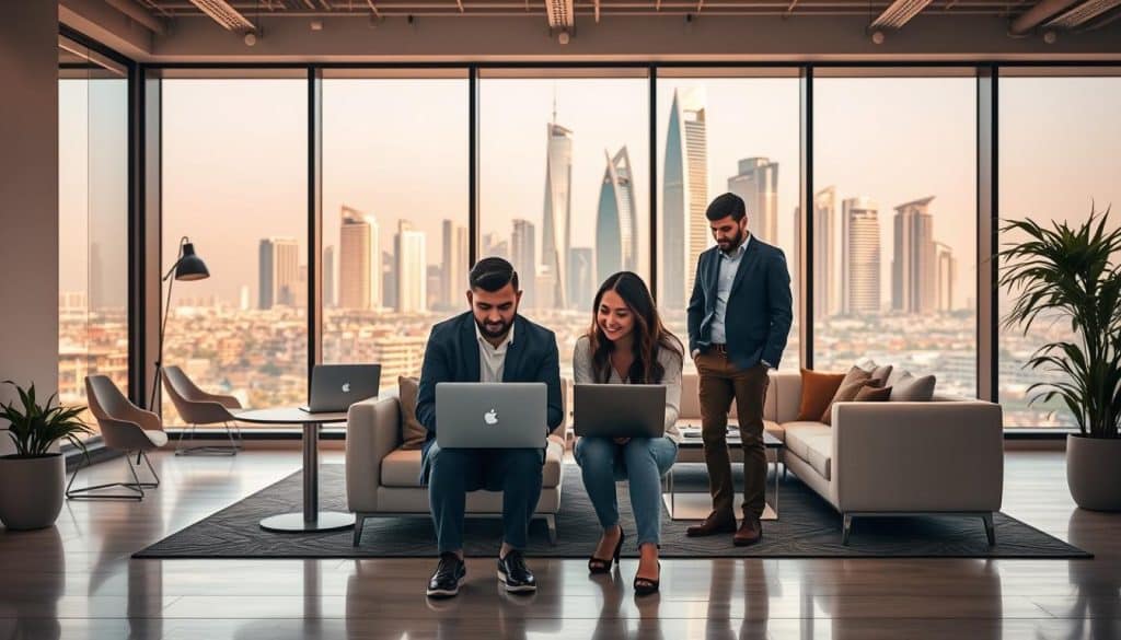 A vibrant and professional digital PR agency located in Qatar, CRES stands out with its cutting-edge services. In the foreground, a team of skilled communicators collaborate on laptops, strategizing innovative campaigns. The middle ground showcases a sleek, modern office space with minimalist furniture and large windows letting in warm, natural lighting. In the background, the iconic skyline of Doha shimmers, reflecting the agency's global reach and ambitious vision. The atmosphere conveys a sense of productivity, creativity, and a commitment to delivering exceptional results for clients.