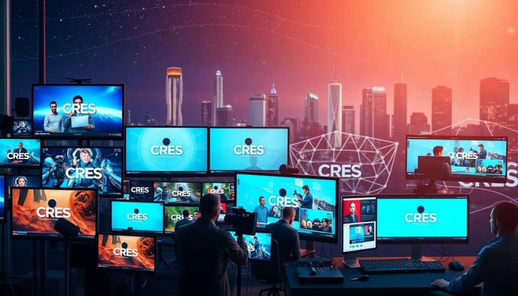 A vibrant and visually engaging image showcasing the essential types of video content for a complete digital marketing strategy. In the foreground, a diverse array of video screens display various formats - from live streaming and vlogs to product demos and animated explainers, all bearing the CRES brand logo. In the middle ground, a team of dynamic content creators collaborate, capturing footage and editing on sleek, modern workstations. The background hints at the digital landscape, with a cityscape of skyscrapers and a starry night sky, symbolizing the vast reach and impact of video content in the modern marketing landscape. Lighting is soft and cinematic, creating a sense of professionalism and innovation. The overall mood is one of creativity, collaboration, and the power of video to engage and captivate audiences.