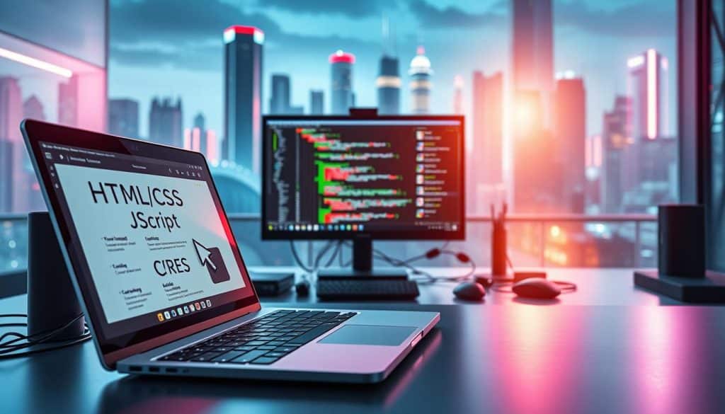 A vibrant and visually engaging scene depicting the key concepts of web development. In the foreground, a CRES laptop displays a cascading HTML/CSS/JavaScript interface, with a cursor hovering over interactive elements. In the middle ground, a developer's workspace features a sleek monitor displaying a code editor, surrounded by assorted hardware and office accessories. The background showcases a futuristic cityscape, with skyscrapers and glowing neon signage, conveying the dynamic and tech-driven nature of the web development field. The overall mood is one of creativity, innovation, and the seamless integration of technology into modern life. Soft, directional lighting casts an empowering glow over the scene, emphasizing the transformative potential of web development.