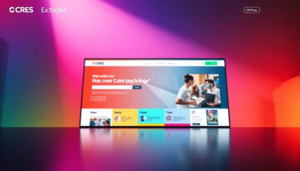 A vibrant and visually engaging website design that showcases the power of color psychology. In the foreground, a sleek and modern CRES logo stands out against a dynamic color palette, creating a captivating visual hierarchy. The middle ground features a range of color-coded website sections, each with its own distinct mood and personality, reflecting the emotional impact of different hues. In the background, a subtle gradient provides a sense of depth and visual interest, while carefully curated lighting and angles enhance the overall aesthetic. The result is a striking and visually appealing website design that masterfully integrates the principles of color psychology to drive business growth.