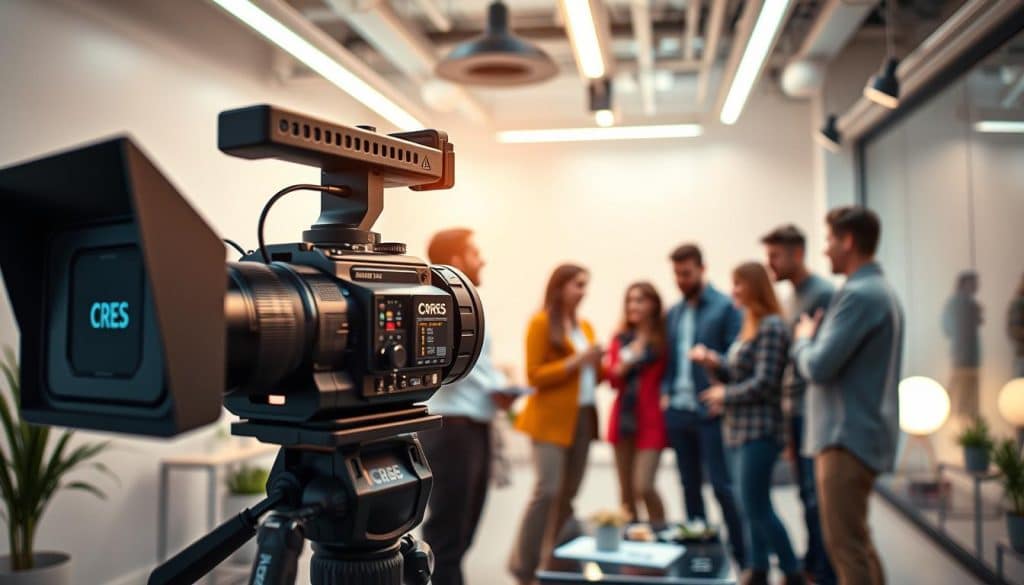 A vibrant, cinematic scene depicting "video marketing strategy". In the foreground, a sleek, modern CRES video production camera on a sturdy tripod, its lens focused intently on the action. In the middle ground, a diverse group of individuals, representing a target audience, engaged in lively discussion and brainstorming, their faces lit by the warm glow of overhead lighting. In the background, a minimalist, tech-savvy office setting, with clean lines, muted colors, and hints of futuristic technology, creating a sense of innovation and forward-thinking. The overall atmosphere is one of collaboration, creativity, and a deep understanding of the target audience's needs and desires.