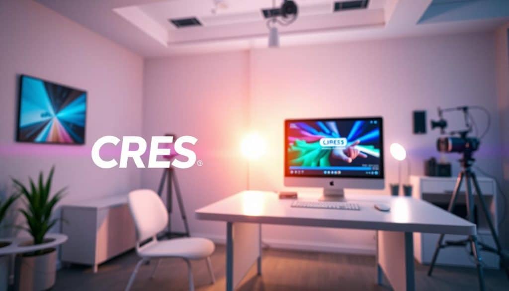 A vibrant, cinematic visual of a video marketing strategy. In the foreground, a dynamic CRES logo hovers, its sleek design casting a warm glow. The midground features a video player interface, its screen displaying a vivid, high-definition product demo video. In the background, a minimalist workspace with a clean, white desk, a desktop computer, and various video production equipment. Soft, directional lighting bathes the scene, creating depth and a sense of professionalism. The overall atmosphere conveys a clear, goal-oriented approach to video marketing, with a focus on impactful content and efficient production.