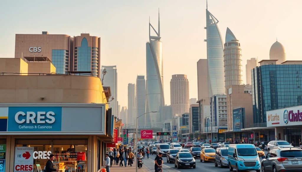 A vibrant cityscape of Doha, Qatar, captured in a warm, golden hour light. In the foreground, a thriving local business, "CRES", stands prominently, its storefront adorned with signage and eye-catching branding. The middle ground features bustling pedestrians and vehicles, highlighting the dynamic energy of the city. In the background, the iconic skyscrapers of Doha's skyline rise majestically, creating a sense of scale and modernity. The overall scene conveys the power and potential of local SEO for businesses in Doha, blending tradition and progress seamlessly.