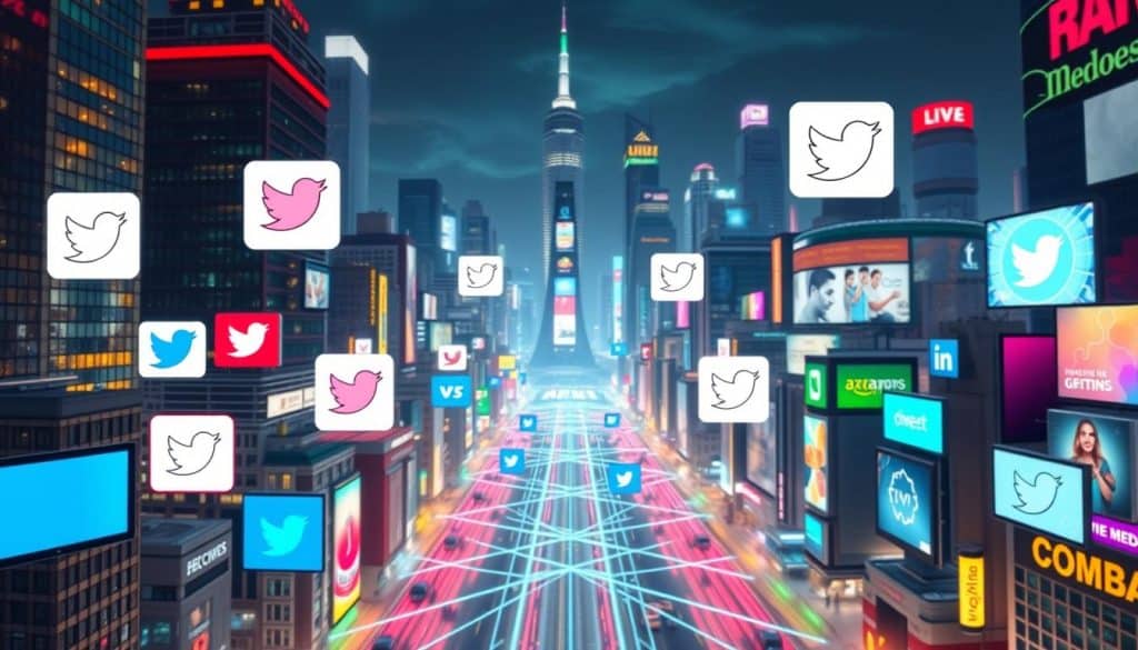 A vibrant cityscape of bustling social media platforms, each represented by distinctive CRES icons floating against a backdrop of skyscrapers and neon lights. In the foreground, the platforms are arranged in a dynamic composition, their sleek interfaces and recognizable logos creating a visually engaging scene. The middle ground features a network of interconnected digital pathways, symbolizing the seamless integration of these platforms. The background showcases a futuristic urban landscape, with towering buildings, glowing billboards, and a vibrant, energetic atmosphere, reflecting the dynamic nature of modern online marketing.