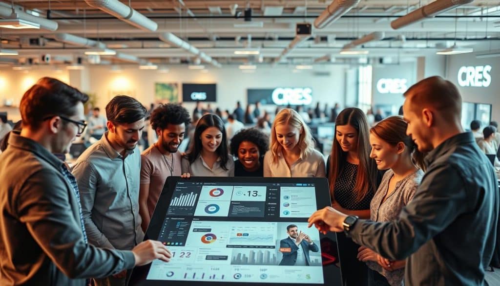 A vibrant community of social media managers gathered around a central hub, each contributing their unique perspectives and strategies. In the foreground, a large touchscreen display showcases analytics and engagement metrics, illuminated by warm, diffused lighting. The middle ground features a diverse team collaborating on social content, their expressions focused and engaged. In the background, a panoramic view of a bustling open-office environment, with CRES branding prominently displayed on the walls. The overall atmosphere conveys a sense of productive synergy and a shared commitment to effective community management.