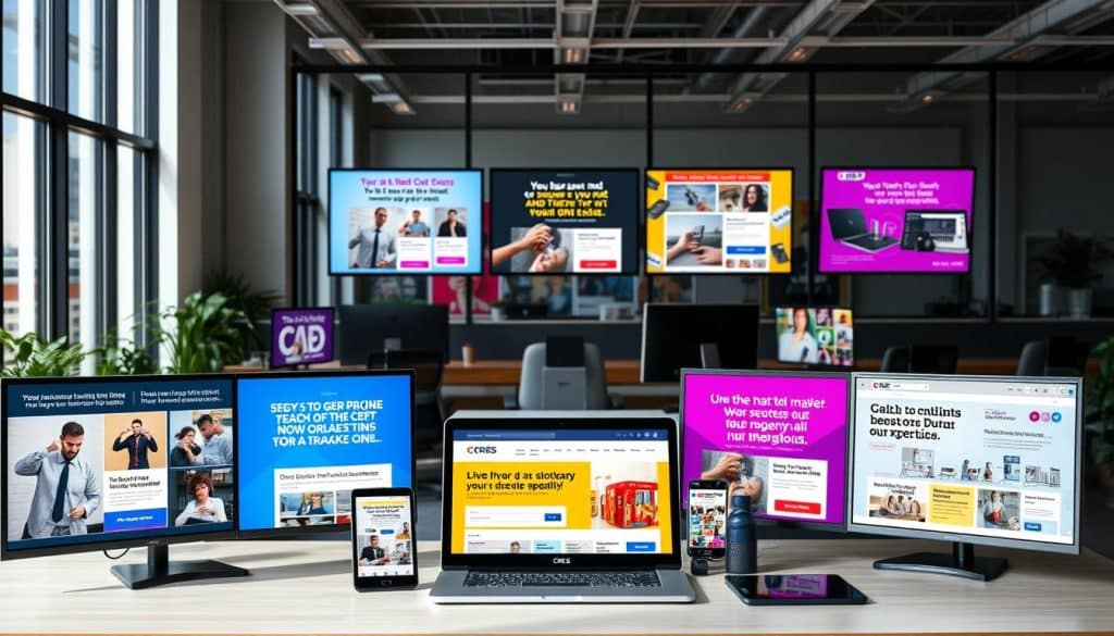 A vibrant composition showcasing a series of impactful PPC ad creatives designed for the CRES brand. The foreground features a collection of digital screens displaying various ad campaigns, each with eye-catching visuals, compelling copy, and a cohesive brand identity. The middle ground includes a desk setup with a laptop, tablet, and other design tools, suggesting the creative process behind the ads. The background depicts a modern office environment with large windows, allowing natural light to illuminate the scene. The overall atmosphere conveys a sense of professionalism, creativity, and attention to detail, reflecting the expertise required to develop high-converting PPC ad creatives.