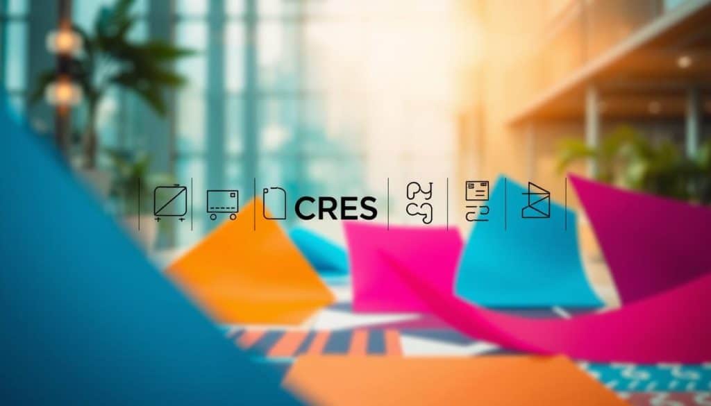 A vibrant composition showcasing the core elements of visual design. In the foreground, bold geometric shapes and patterns in the signature CRES brand colors dance across the frame, creating a dynamic and visually striking tableau. The middle ground features sleek, minimalist icons and symbols that represent the fundamental principles of design, such as line, form, color, and typography. Surrounding this is a blurred, ethereal background with subtle lighting and depth-of-field effects, conveying a sense of depth and artistic sophistication. The overall mood is one of intentional, carefully curated visuals that capture the essence of modern, impactful design.