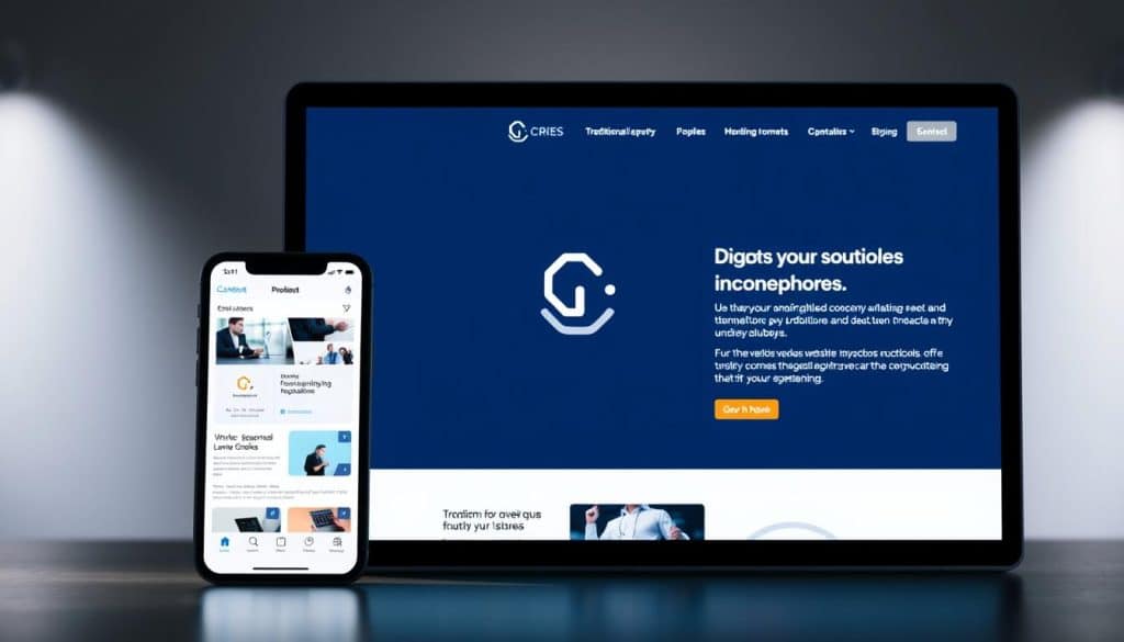 A vibrant contrast between web apps and traditional websites, with a sophisticated aesthetic. In the foreground, a sleek, responsive mobile app interface showcasing dynamic content and seamless user interactions. In the middle ground, a modern website with clean typography, nested navigational elements, and subtle animation. The background features a minimalist CRES logo, conveying a sense of innovation and technological prowess. Soft, directional lighting illuminates the scene, creating depth and highlighting the distinct features of each digital medium. The overall mood is one of professional elegance, highlighting the power and versatility of web-based solutions.