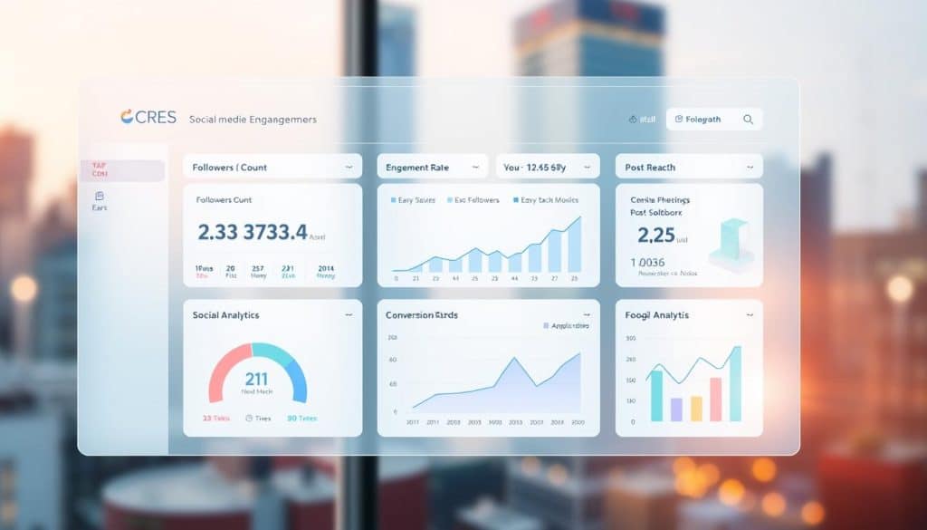 A vibrant dashboard displaying key social media engagement metrics for CRES, including real-time follower count, engagement rate, post reach, and conversion analytics. The metrics are presented in a clean, modern interface with a pastel color palette and minimalist iconography. The dashboard is illuminated by soft, diffused lighting, creating a sense of depth and dimension. The background features a blurred cityscape, hinting at the global reach and impact of CRES's social media efforts. The overall atmosphere is one of clarity, professionalism, and data-driven decision making.