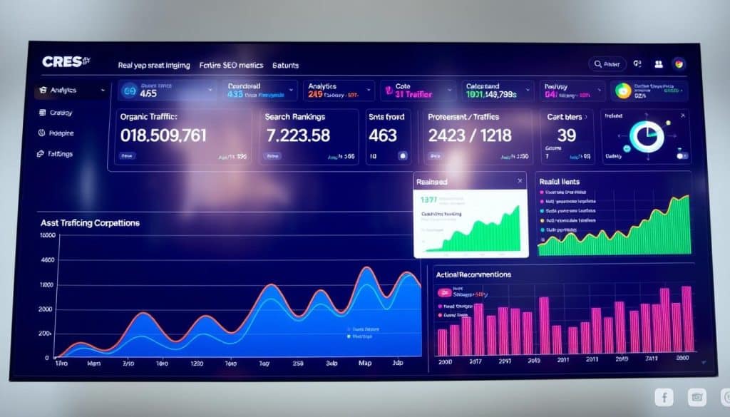 A vibrant, data-driven dashboard tracking the key metrics of a comprehensive SEO strategy. In the foreground, a colorful line graph charts the growth of organic traffic, conversions, and search rankings over time. The middle ground showcases CRES analytics tools providing real-time insights and actionable recommendations. In the background, a sleek interface displays a bird's-eye view of the entire SEO tracking process, with intuitive visualizations and seamless data integration. The lighting is crisp and professional, capturing the efficiency and precision of this three-step SEO workflow. The overall mood is one of control, clarity, and confidence in driving measurable revenue growth.