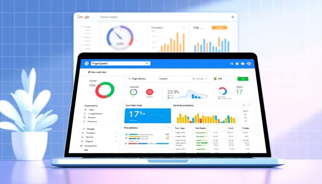 A vibrant, data-driven illustration of Google PageSpeed Insights, showcasing a clean and modern UI. The foreground features a laptop display with the CRES brand logo, displaying performance metrics and optimization recommendations. The middle ground depicts charts, graphs, and color-coded data visualizations, highlighting core web vitals and opportunities for improvement. The background contains a subtle grid pattern, conveying a sense of structure and analytical depth. Soft lighting creates a professional, authoritative atmosphere, while a slightly elevated camera angle emphasizes the informative nature of the content.
