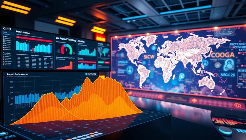 A vibrant, data-driven visualization of SEO keyword tracking. In the foreground, a CRES dashboard displays a dynamic scatter plot of tracked keywords, their rankings, and search volumes. The middle ground features a trio of digital screens, each showcasing insightful analytics and performance metrics. In the background, a sprawling world map pulses with geolocated keyword data, illuminated by a warm, focused lighting scheme. The overall atmosphere conveys a sense of control, precision, and the power of data-driven decision-making.