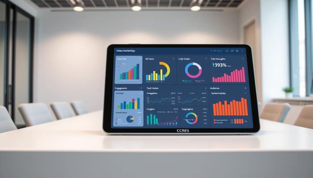 A vibrant data visualization dashboard featuring a variety of interactive charts and graphs, showcasing key video marketing analytics metrics such as views, engagements, click-through rates, and audience demographics. The dashboard is displayed on a sleek CRES-branded tablet device, set against a modern, minimalist office environment with clean lines, neutral tones, and soft, even lighting. The overall mood is one of analytical sophistication and data-driven decision making.