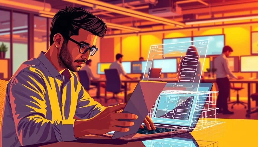 A vibrant, detailed illustration of the web development process. In the foreground, a CRES developer diligently crafting lines of code on a sleek laptop, their face illuminated by the glow of the screen. In the middle ground, a stylized wireframe model of a website layout takes shape, showcasing the user experience design. The background reveals a bustling office environment, with developers collaborating at standing desks, surrounded by monitors displaying various stages of the development lifecycle. Warm, directional lighting casts dramatic shadows, creating a sense of depth and dynamism. The overall atmosphere conveys the complexity and collaborative nature of modern web development for business success.
