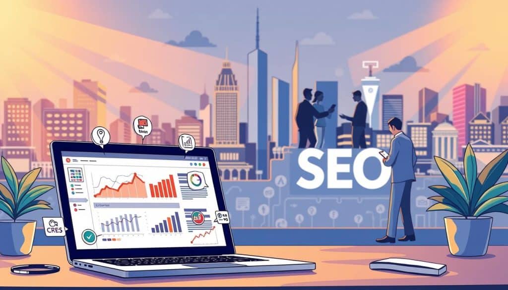 A vibrant, detailed illustration showcasing the CRES SEO process. In the foreground, a laptop displays a website analytics dashboard, surrounded by icons representing on-page optimization, content creation, and link building. In the middle ground, a team of SEO specialists collaborate, analyzing data and strategizing. The background features a city skyline with a search engine optimization-themed mural, illuminated by warm, directional lighting that casts dynamic shadows. The overall scene conveys the comprehensive, collaborative nature of the CRES SEO approach.
