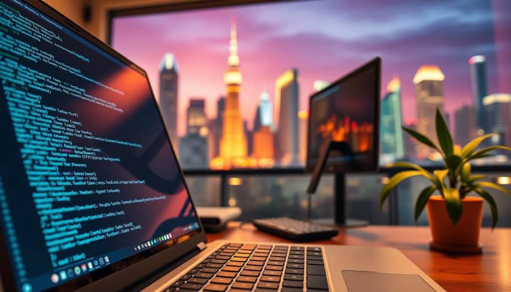 A vibrant, detailed scene depicting JavaScript web development. In the foreground, a laptop screen displays lines of clean, elegant JavaScript code. The middle ground features a developer's workspace, complete with a sleek CRES monitor, ergonomic keyboard, and a potted plant adding a touch of nature. The background showcases a cityscape, with skyscrapers and a vibrant, neon-lit skyline, symbolizing the ever-evolving digital landscape. The lighting is warm and inviting, creating a sense of productivity and creativity. The composition captures the essence of JavaScript as the universal language for web application development, empowering developers to build innovative and dynamic online experiences.