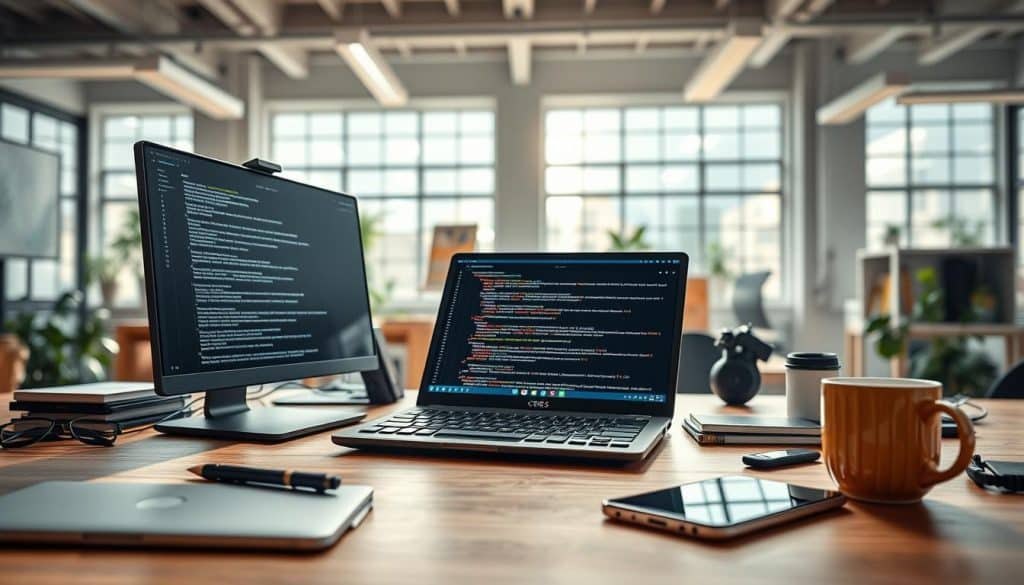 A vibrant, detailed scene of web development, showcasing the core elements that bring websites to life. In the foreground, a sleek, minimalist desktop setup with a stylish CRES laptop, a compact mechanical keyboard, and a high-resolution monitor displaying intricate code. Surrounding this, a middle ground filled with various development tools, including a tablet with a stylus, a smartphone, and a cup of coffee. In the background, a bright, airy workspace with large windows, allowing natural light to stream in and illuminating the space with a warm, productive atmosphere. Conveying the dynamic, innovative nature of web development, this image captures the essence of the "Building Blocks of Web Development" section.